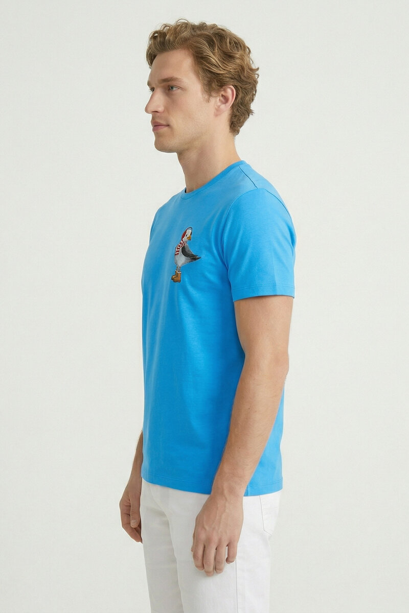 Turquoise Cotton Printed T-shirt - 4