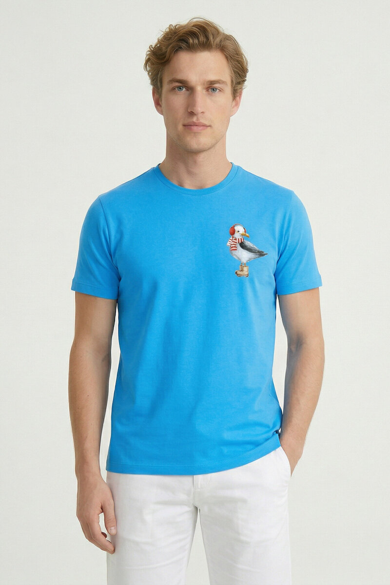 Turquoise Cotton Printed T-shirt