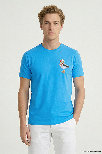 Turquoise Cotton Printed T-shirt - 1