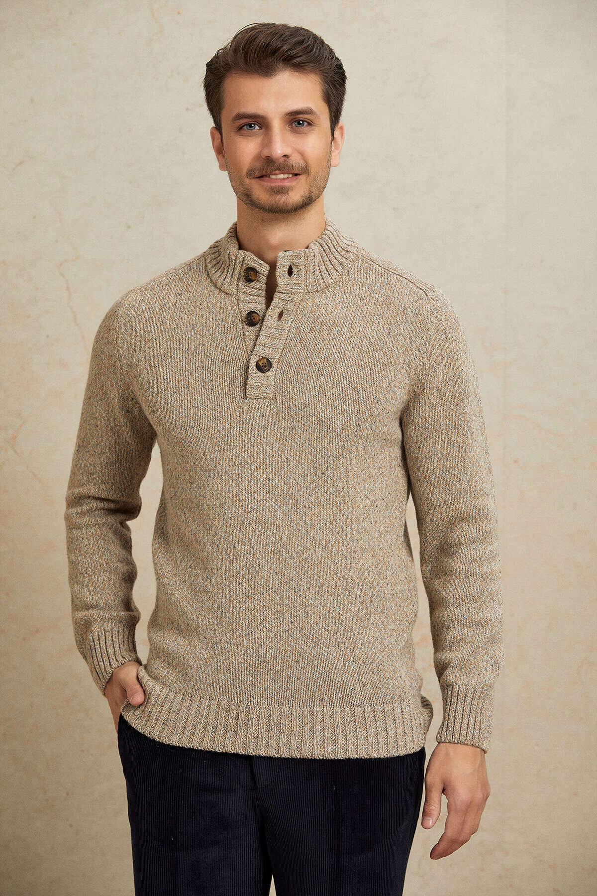 Açık Bej %100 Pamuk Düğmeli Kazak - 7