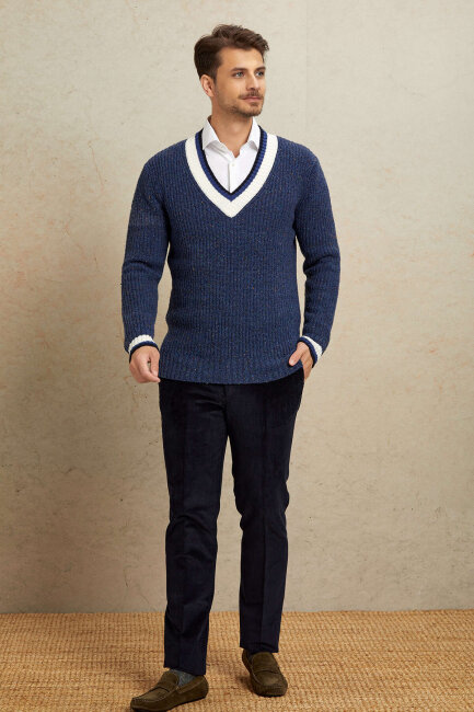 Indigo 100% Cotton V-Neck Sweater - 3