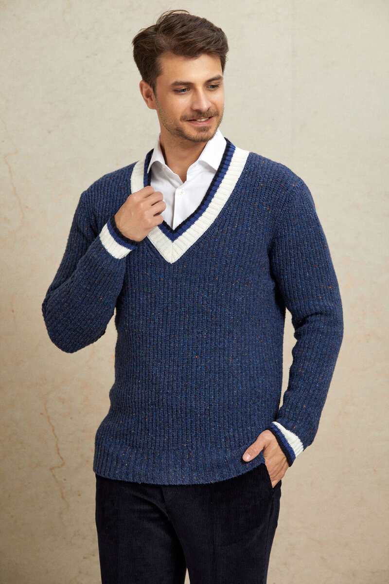 Indigo 100% Cotton V-Neck Sweater - 4