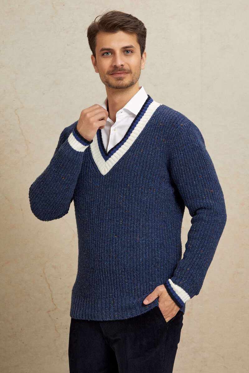 Indigo 100% Cotton V-Neck Sweater - 5