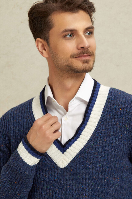 Indigo 100% Cotton V-Neck Sweater - 6