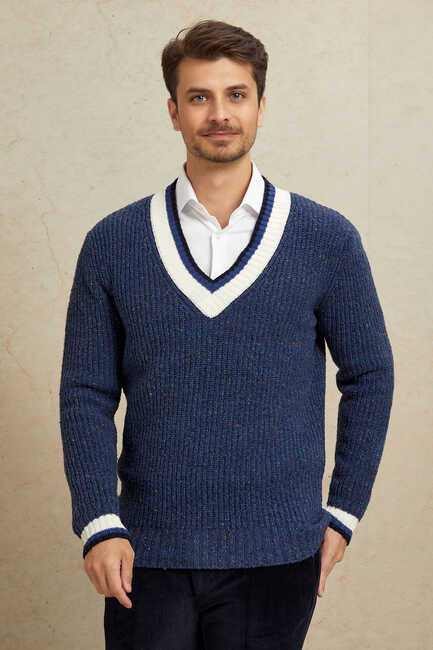 Indigo 100% Cotton V-Neck Sweater - 1
