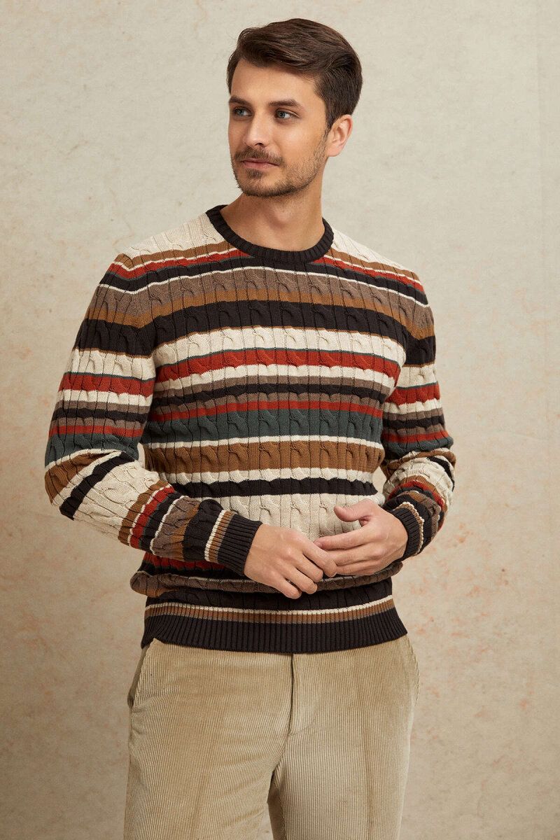 Brown 100% Cotton Round Neck Sweater - 2