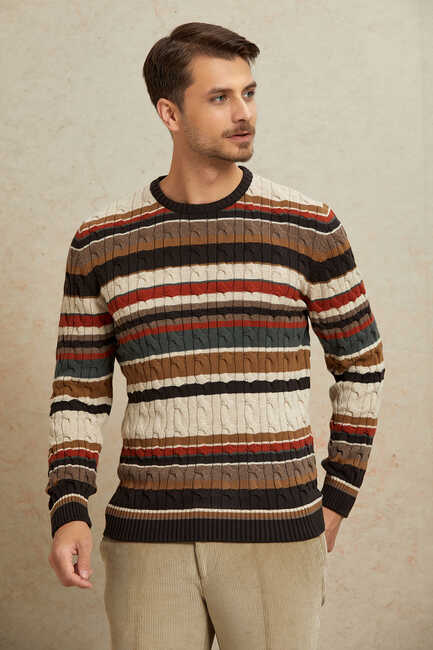 Brown 100% Cotton Round Neck Sweater 