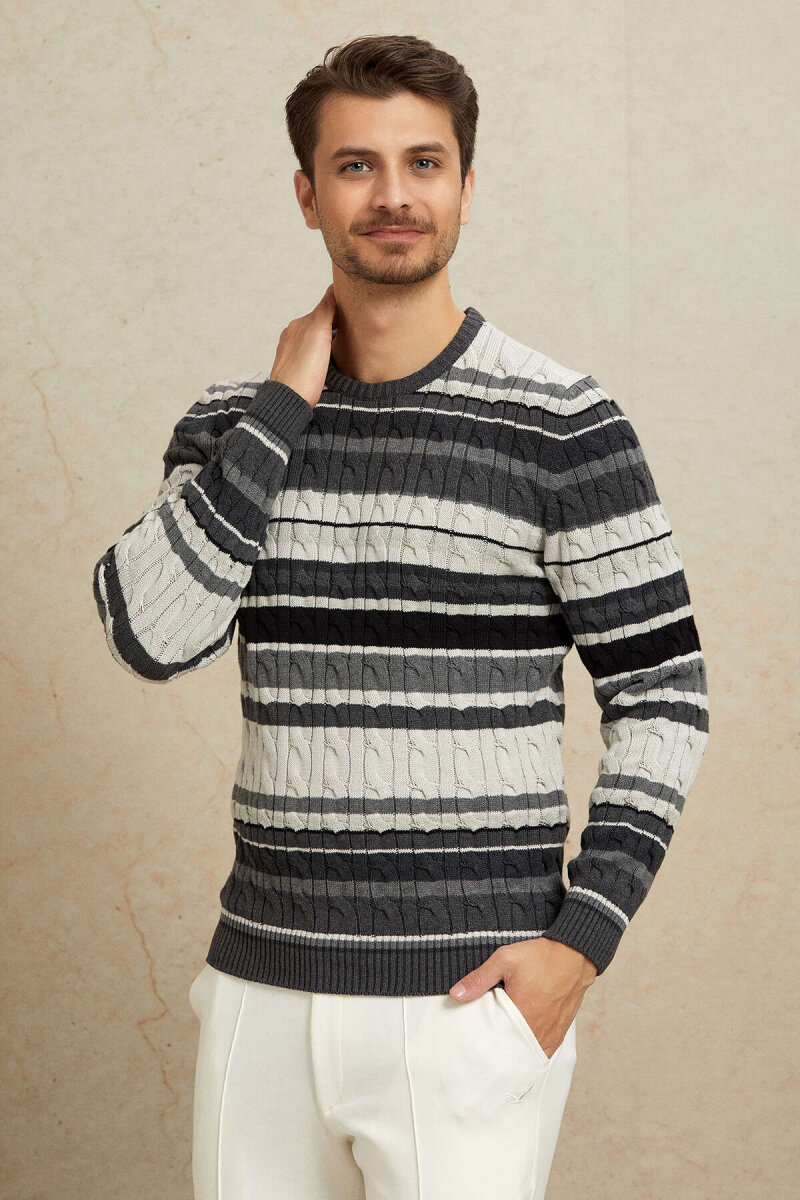 Anthracite 100% Cotton Round Neck Sweater - 2