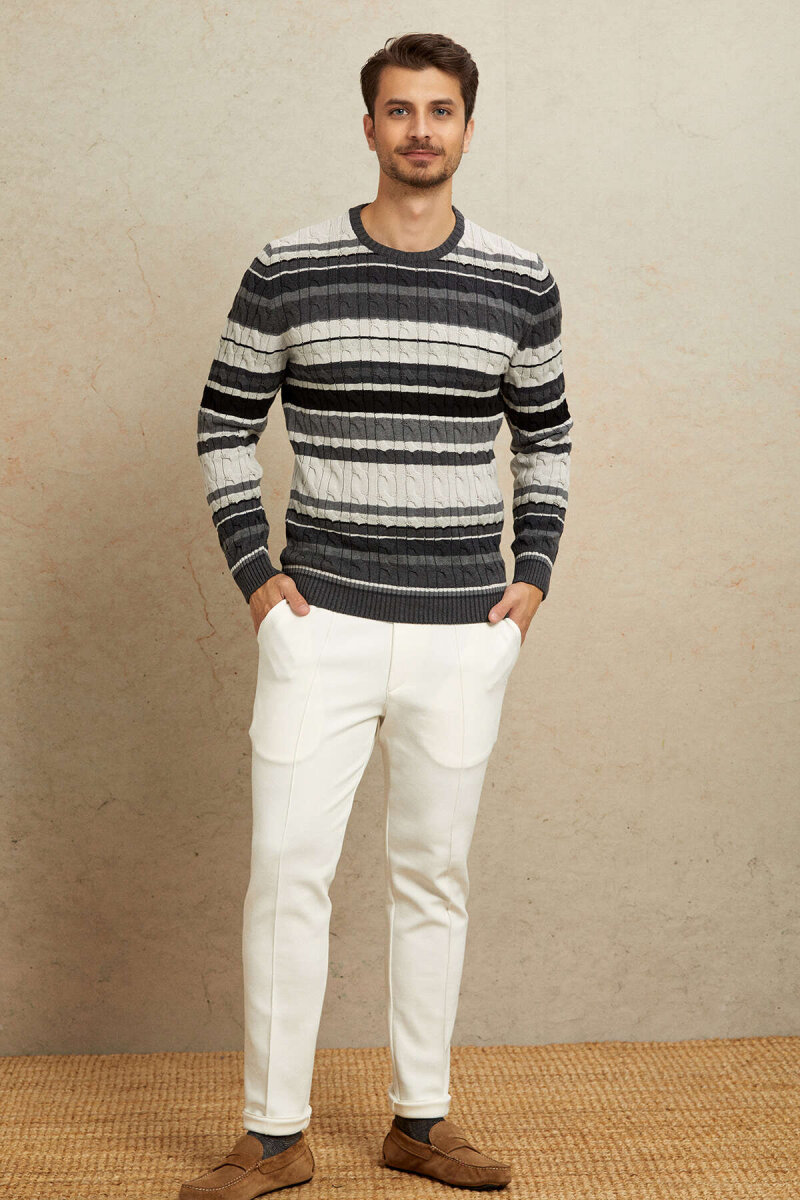 Anthracite 100% Cotton Round Neck Sweater - 3