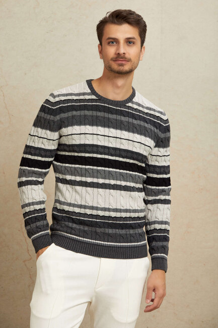 Anthracite 100% Cotton Round Neck Sweater - 4