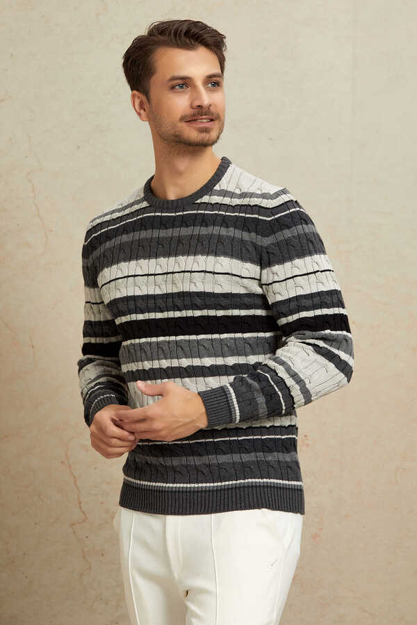 Anthracite 100% Cotton Round Neck Sweater - 1