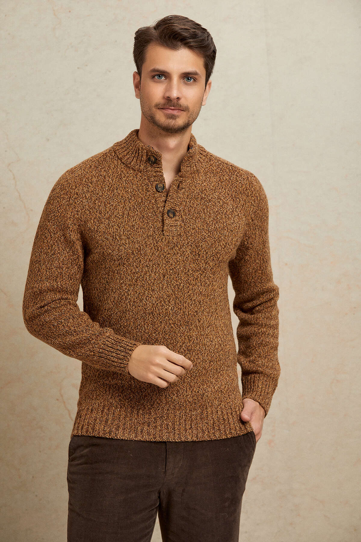 Kahverengi %100 Pamuk Düğmeli Kazak - 1