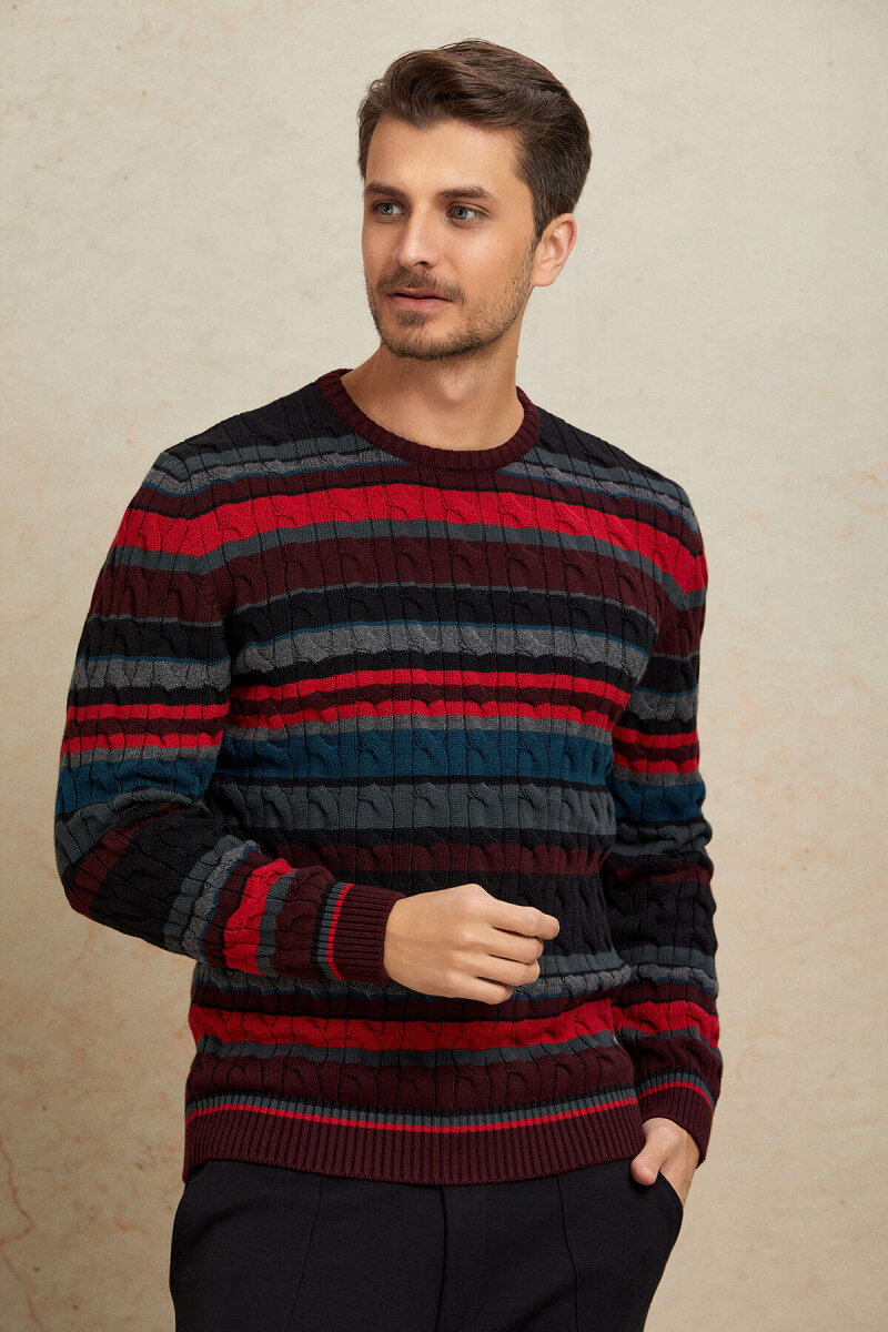 Burgundy 100% Cotton Round Neck Sweater - 2