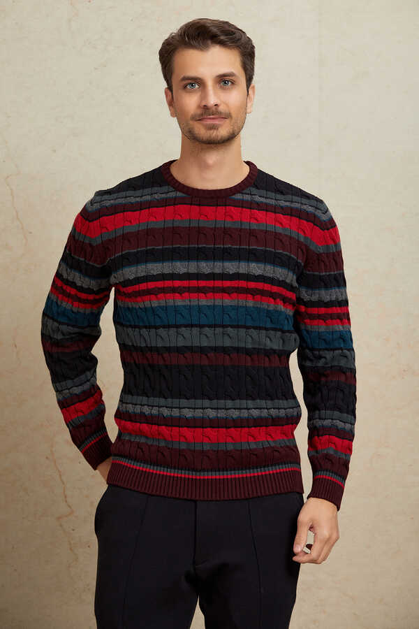 Burgundy 100% Cotton Round Neck Sweater - 1