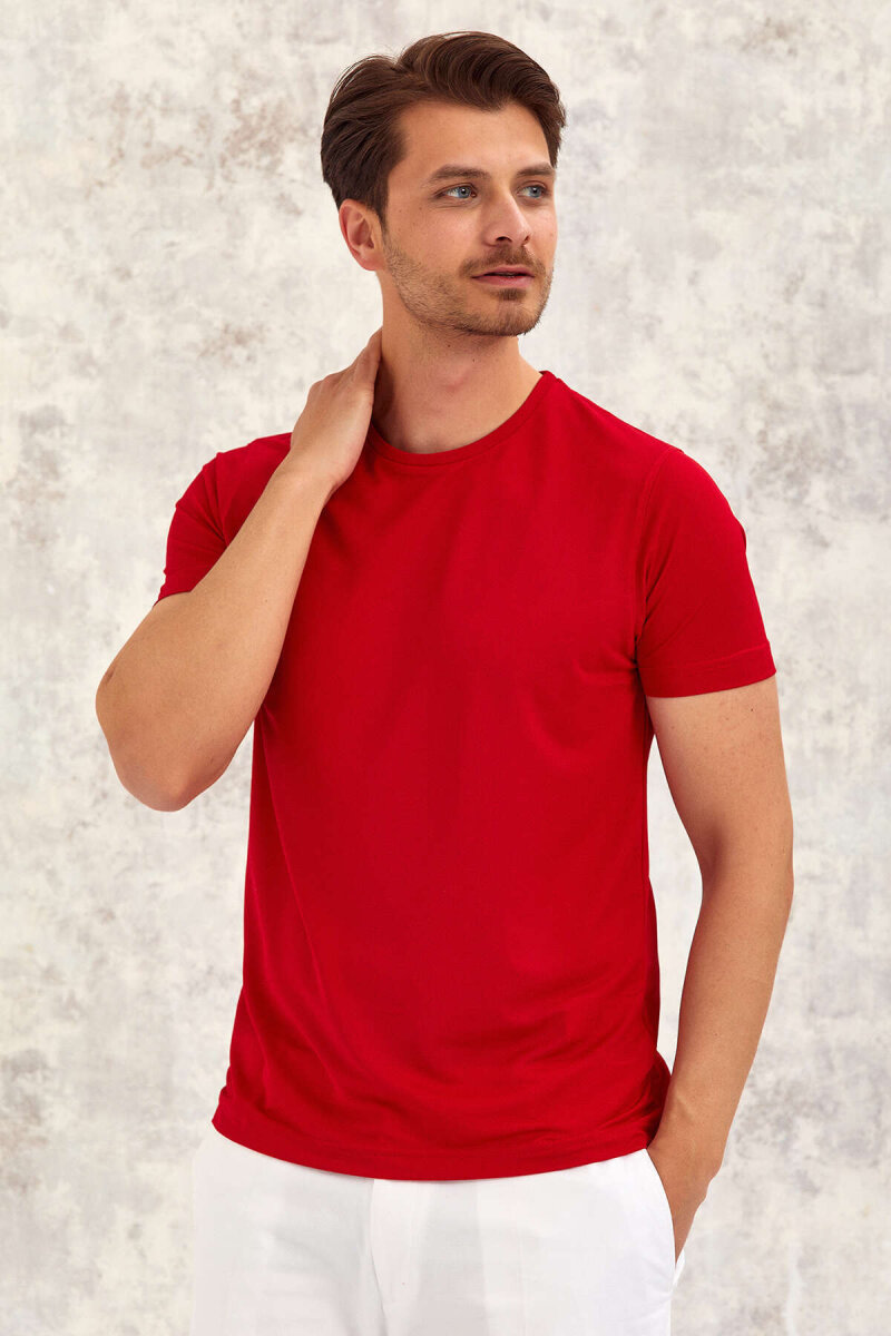 Red Crew Neck Basic T-shirt - 3