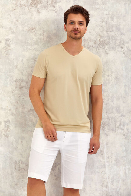 Bej V Yaka Basic Tişört - 5