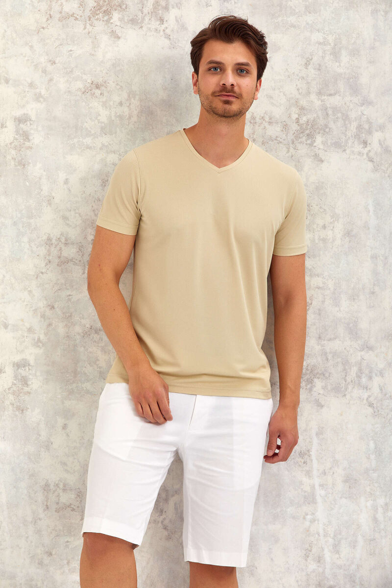 Bej V Yaka Basic Tişört - 5
