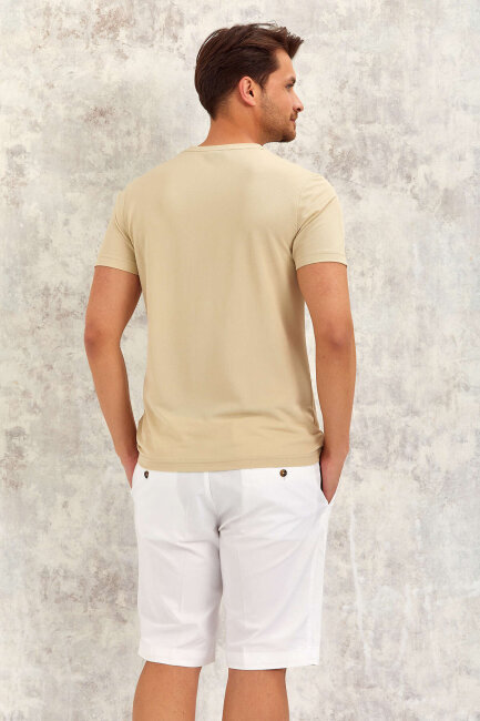 Bej V Yaka Basic Tişört - 7