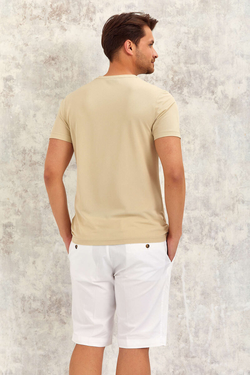 Bej V Yaka Basic Tişört - 7