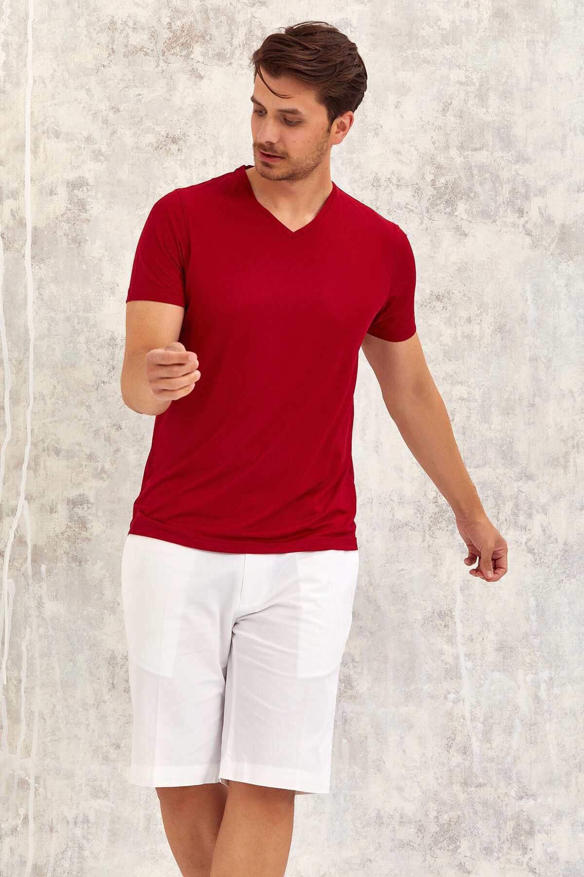 Bordo V Yaka Basic Tişört - 2