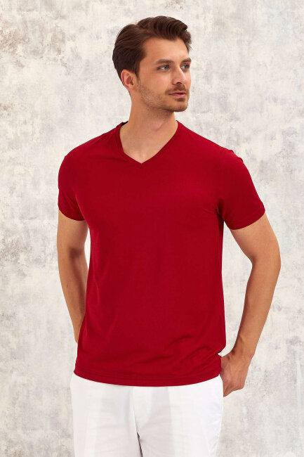 Bordo V Yaka Basic Tişört - 3