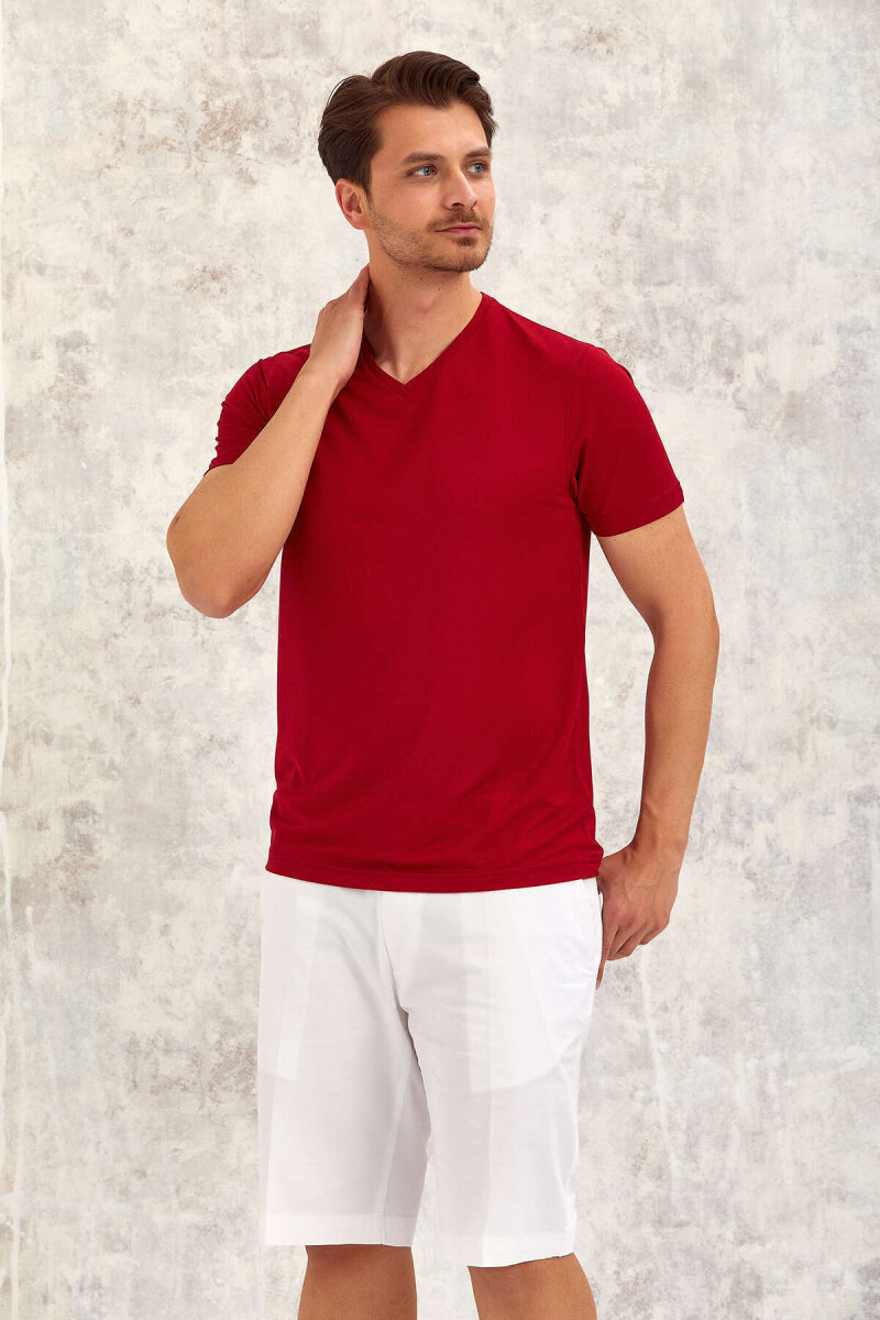 Bordo V Yaka Basic Tişört - 4