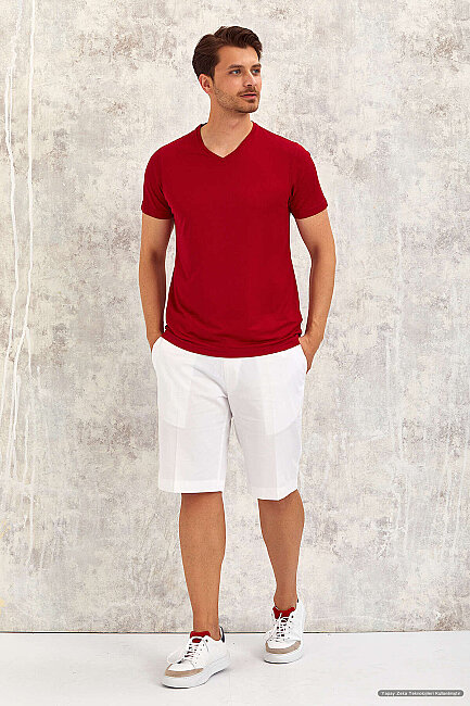Bordo V Yaka Basic Tişört - 1