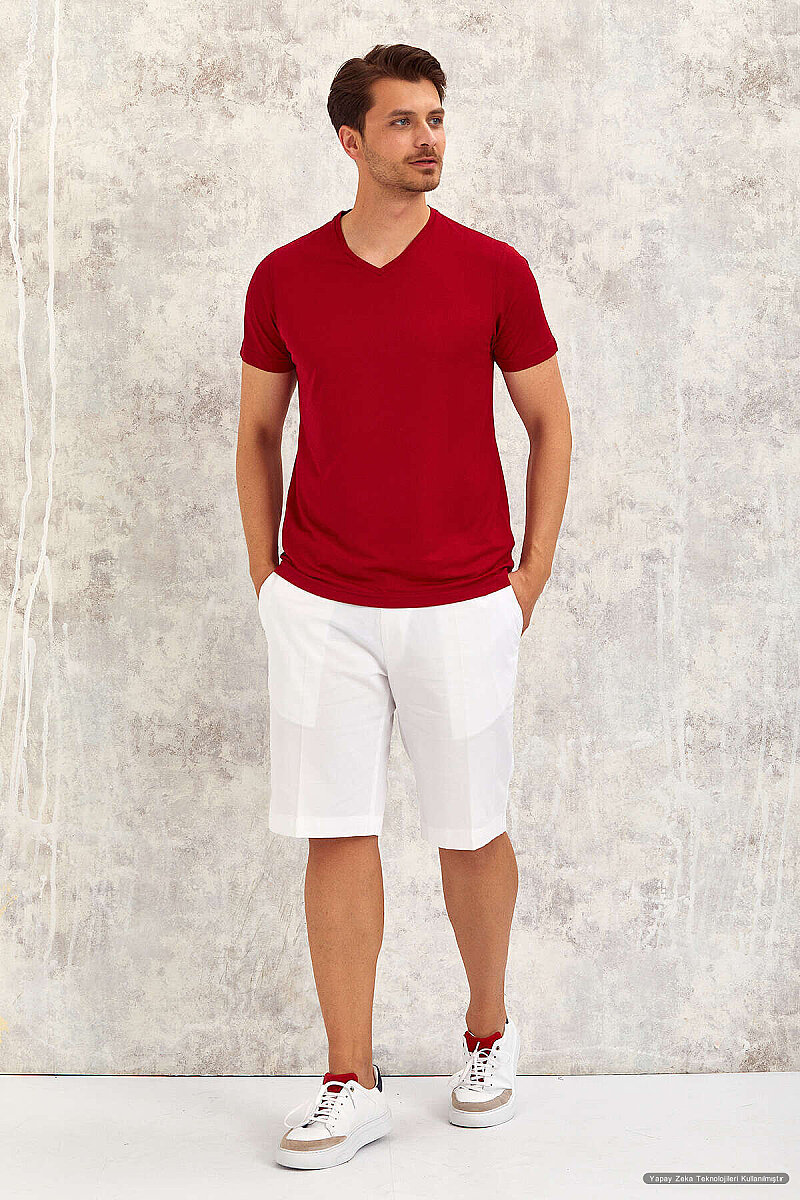 Bordo V Yaka Basic Tişört - 1