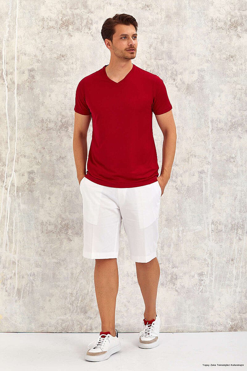 Bordo V Yaka Basic Tişört