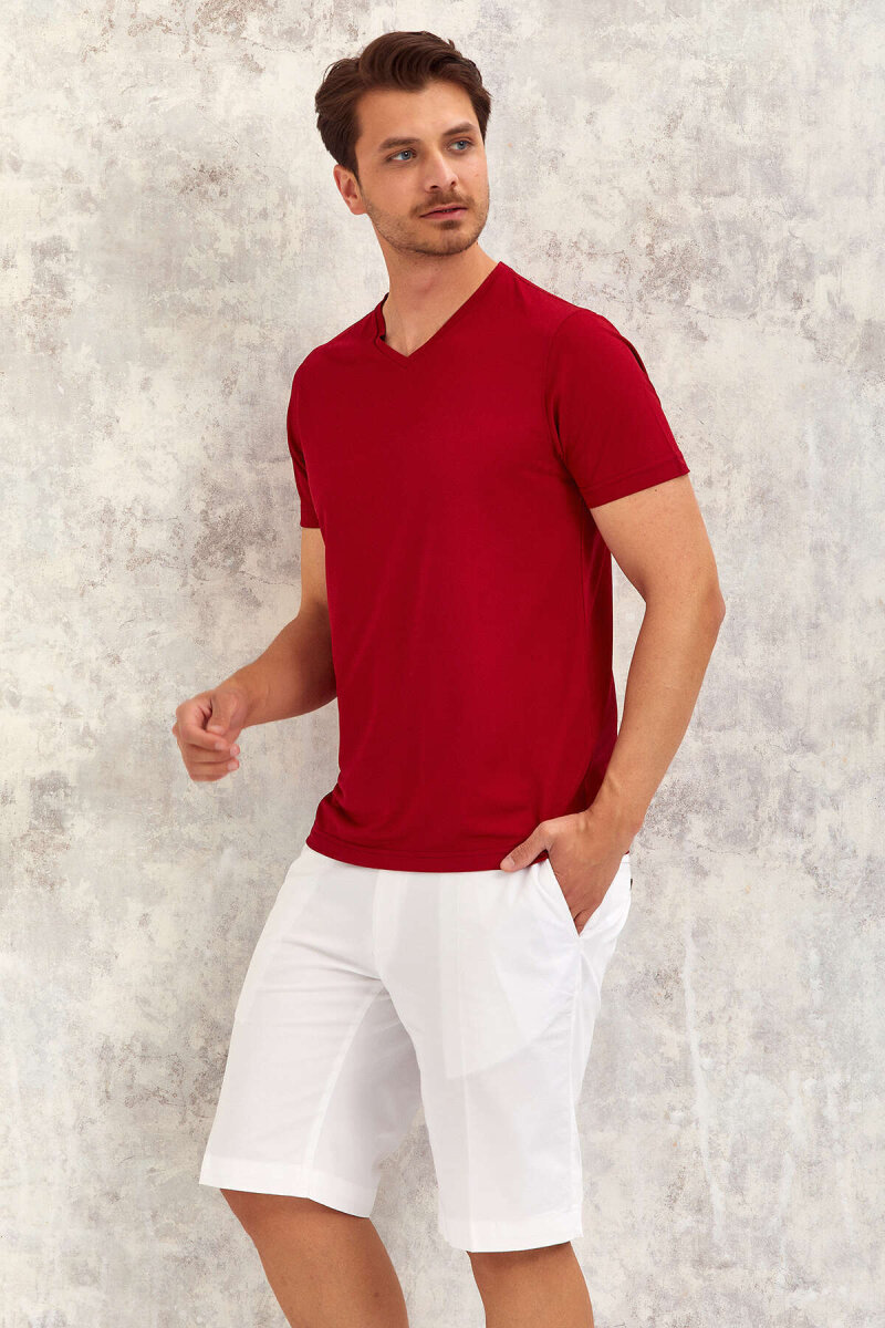 Bordo V Yaka Basic Tişört - 5