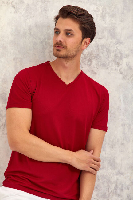 Bordo V Yaka Basic Tişört - 6
