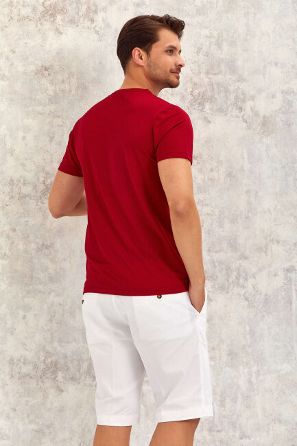 Bordo V Yaka Basic Tişört - 7