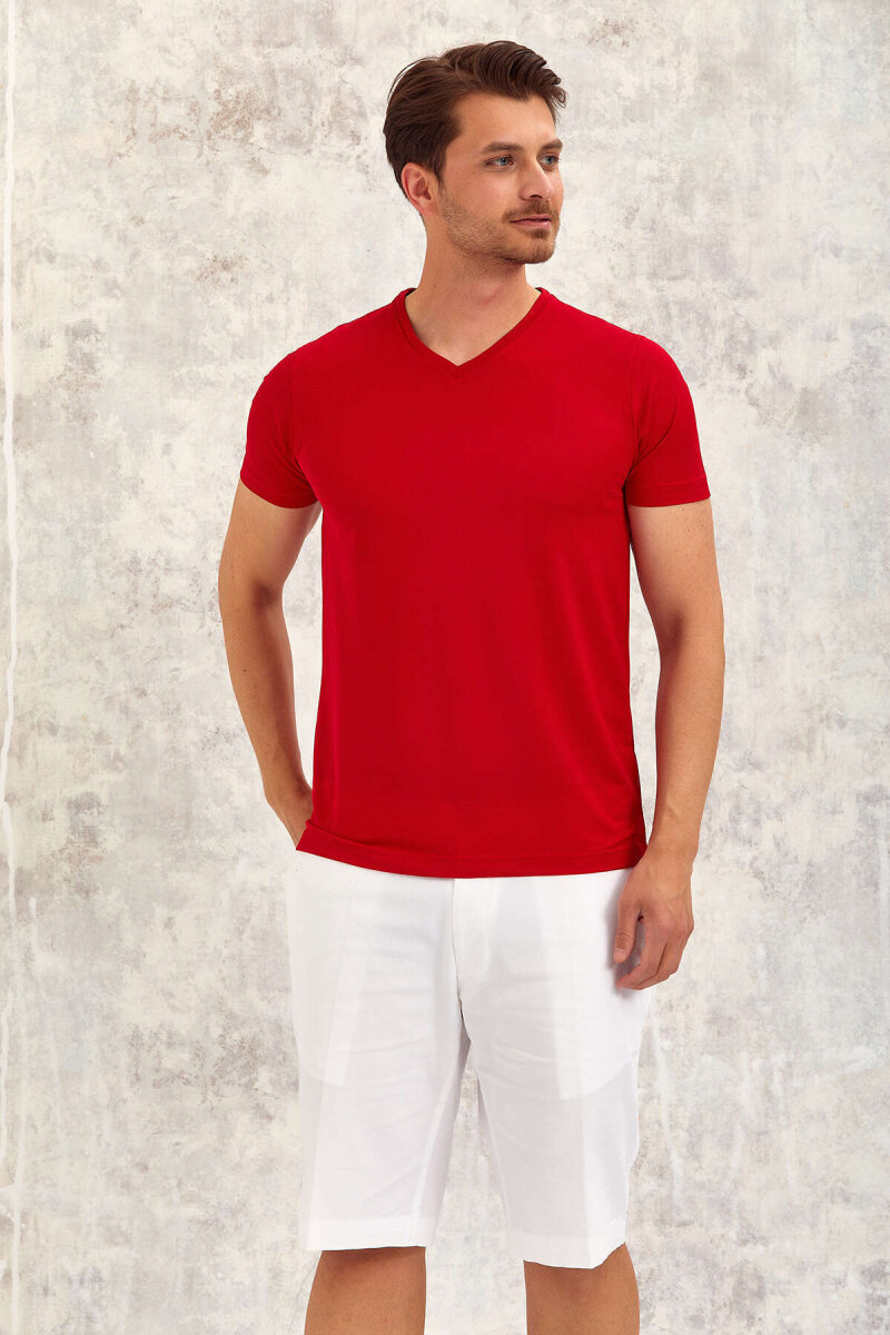Kırmızı V Yaka Basic Tişört - 4