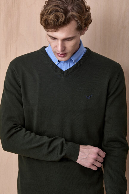 Koyu Haki %100 Pamuk V Yaka Kazak - 2