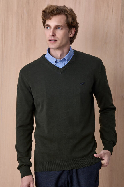 Koyu Haki %100 Pamuk V Yaka Kazak - 3