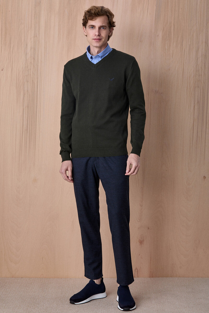 Koyu Haki %100 Pamuk V Yaka Kazak - 4