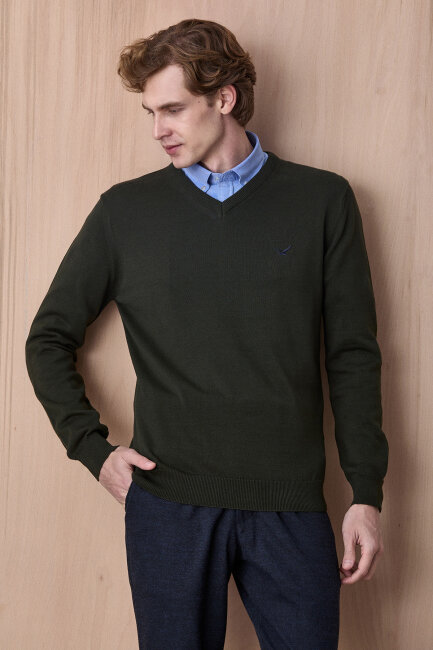 Koyu Haki %100 Pamuk V Yaka Kazak - 5