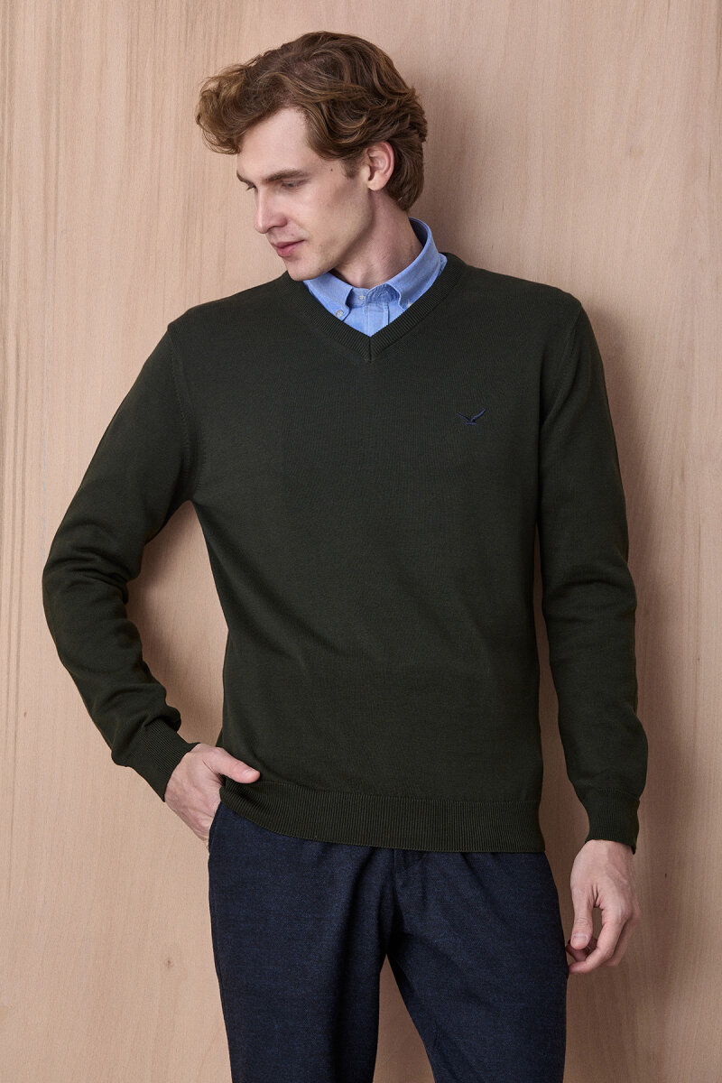 Koyu Haki %100 Pamuk V Yaka Kazak - 5