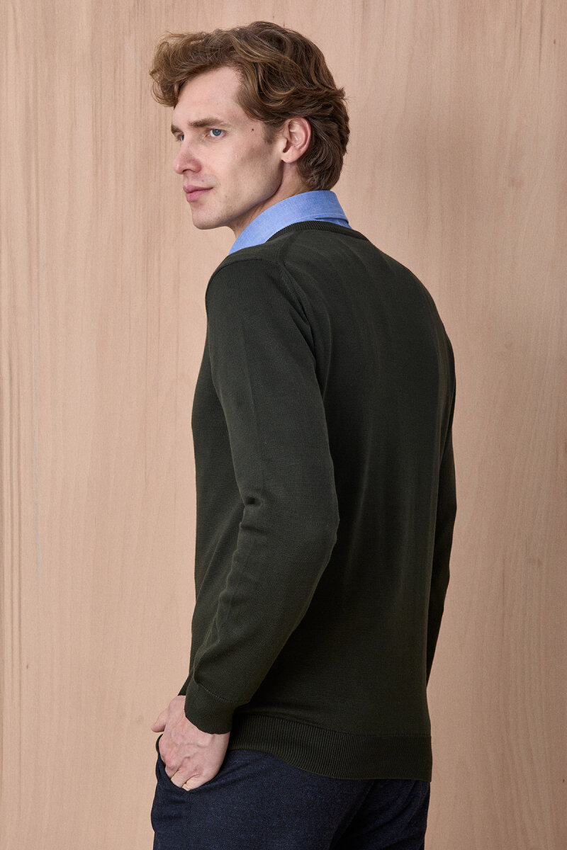 Koyu Haki %100 Pamuk V Yaka Kazak - 6