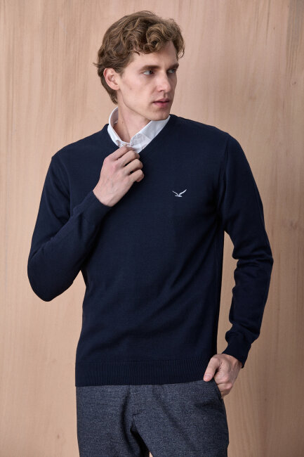 Lacivert %100 Pamuk V Yaka Kazak - 1