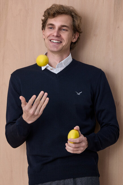 Lacivert %100 Pamuk V Yaka Kazak - 3