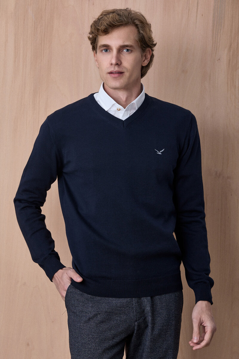 Lacivert %100 Pamuk V Yaka Kazak - 4