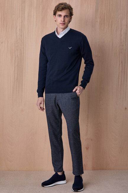 Lacivert %100 Pamuk V Yaka Kazak - 5