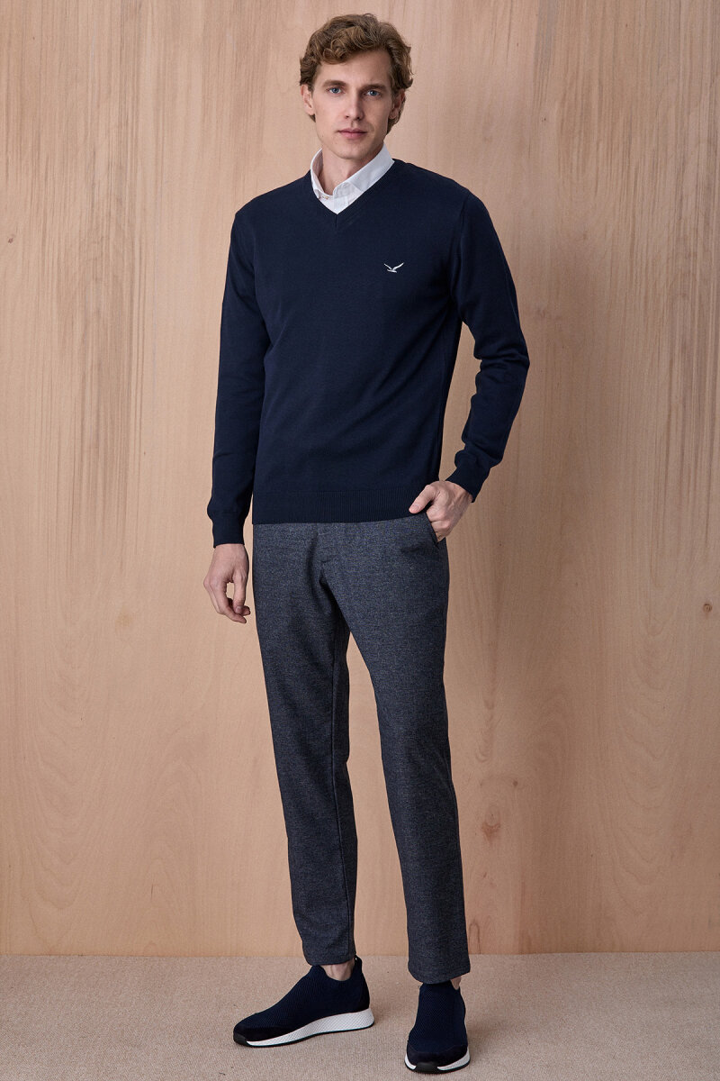 Lacivert %100 Pamuk V Yaka Kazak - 5