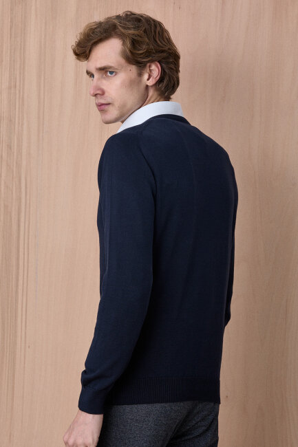 Lacivert %100 Pamuk V Yaka Kazak - 6