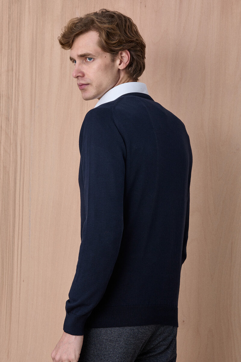 Lacivert %100 Pamuk V Yaka Kazak - 6