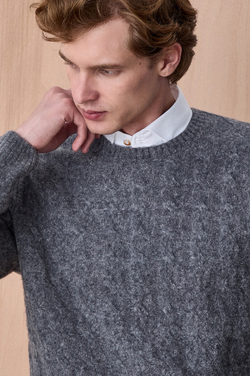 Grey Wool Cable Knit Crew Neck Sweater - 2