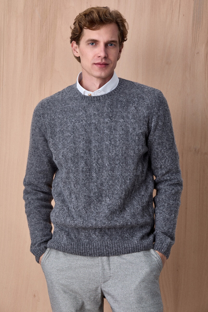 Grey Wool Cable Knit Crew Neck Sweater - 1