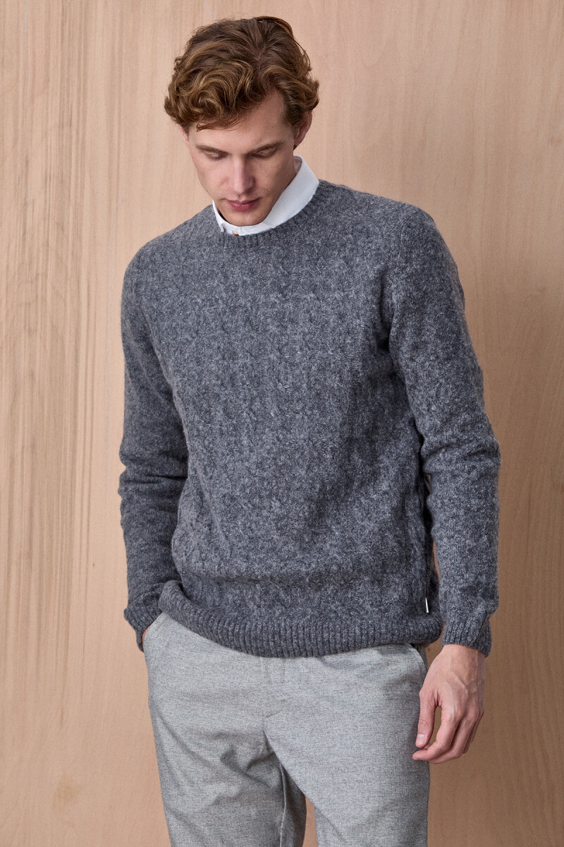 Grey Wool Cable Knit Crew Neck Sweater - 3