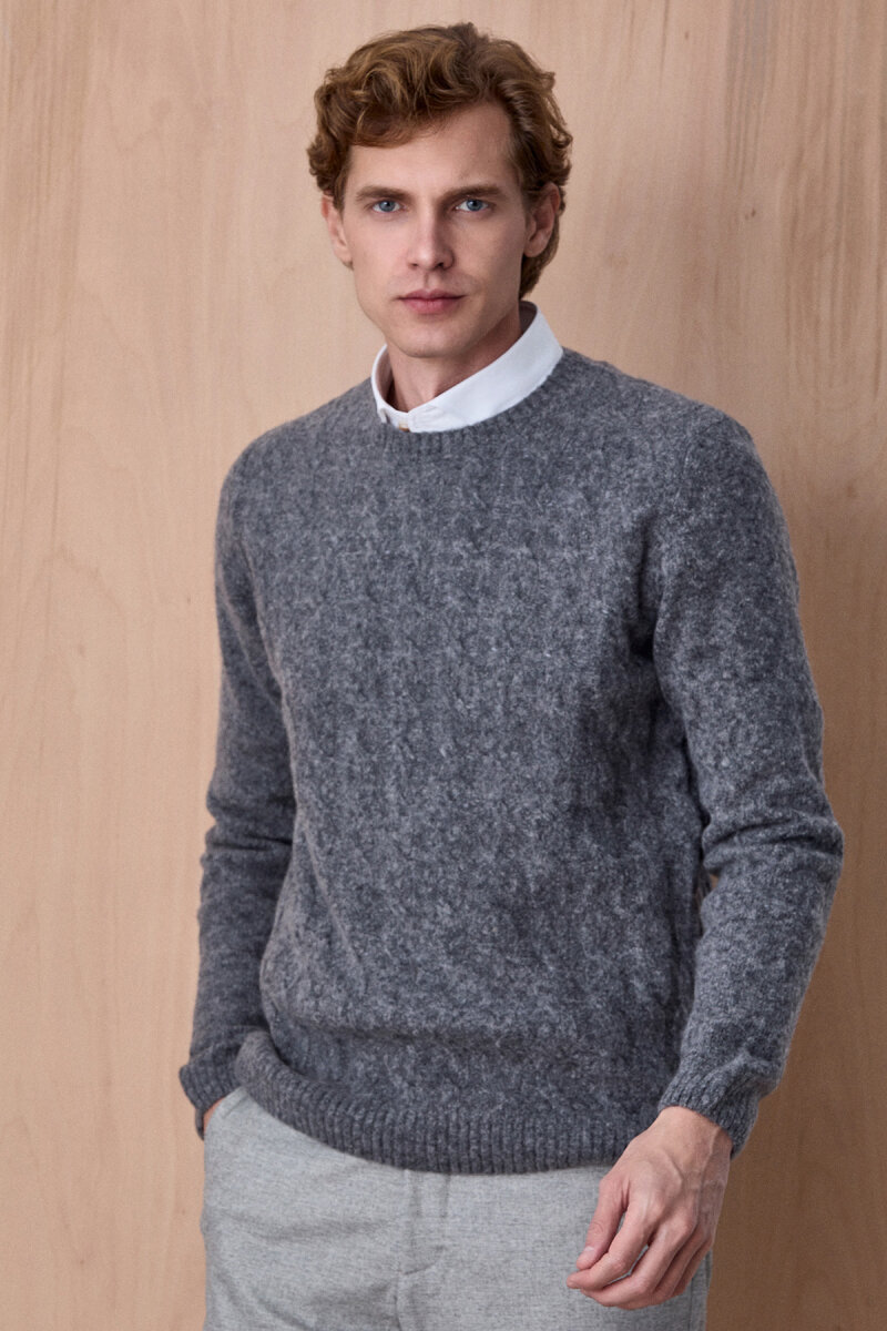 Grey Wool Cable Knit Crew Neck Sweater - 4